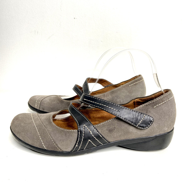 Naturalizer Womens Nelson Flats Sz 9.5 Grey Suede Mary Jane Shoes Hook and Loop - Picture 1 of 8